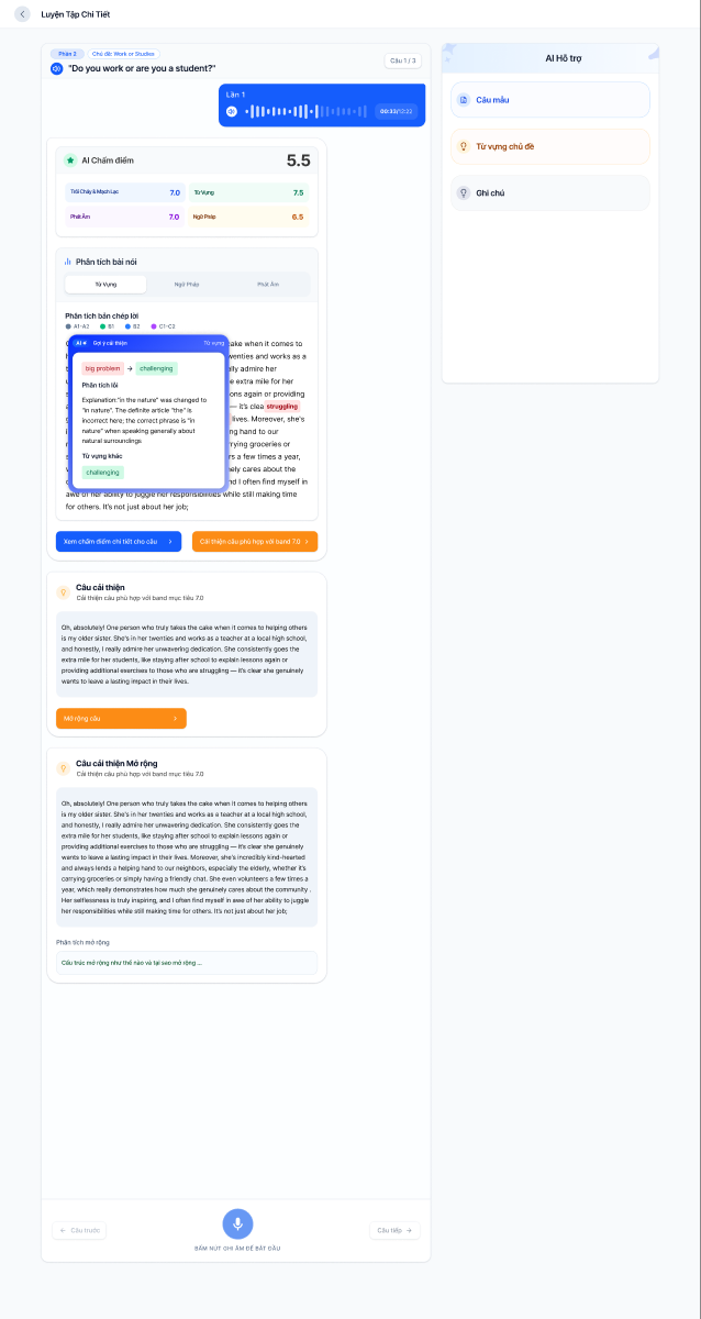 Màn hình luyện tập câu hỏi của 9Speak — AI feedback hiển thị ngay bên cạnh câu trả lời của người dùng